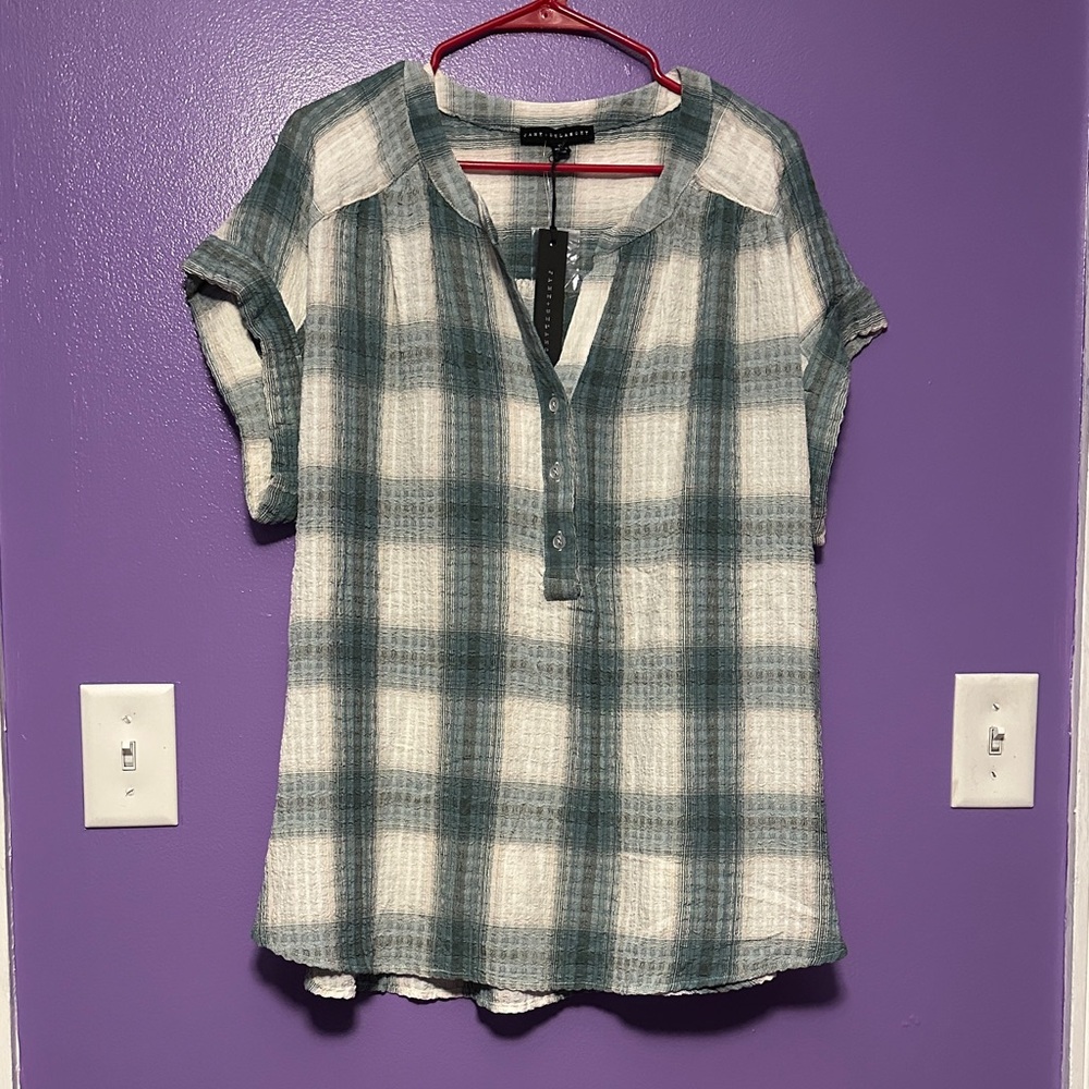 Jane and Delancey Teal and Cream Checkered Button-Down Shirt plaid